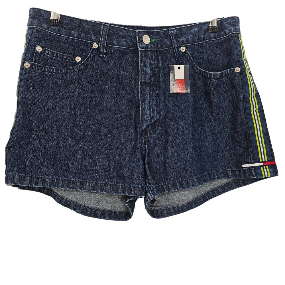 Tommy Jeans Womans size 11 Blue Jean Denim Shorts 5 Pockets Green Stripes NEW